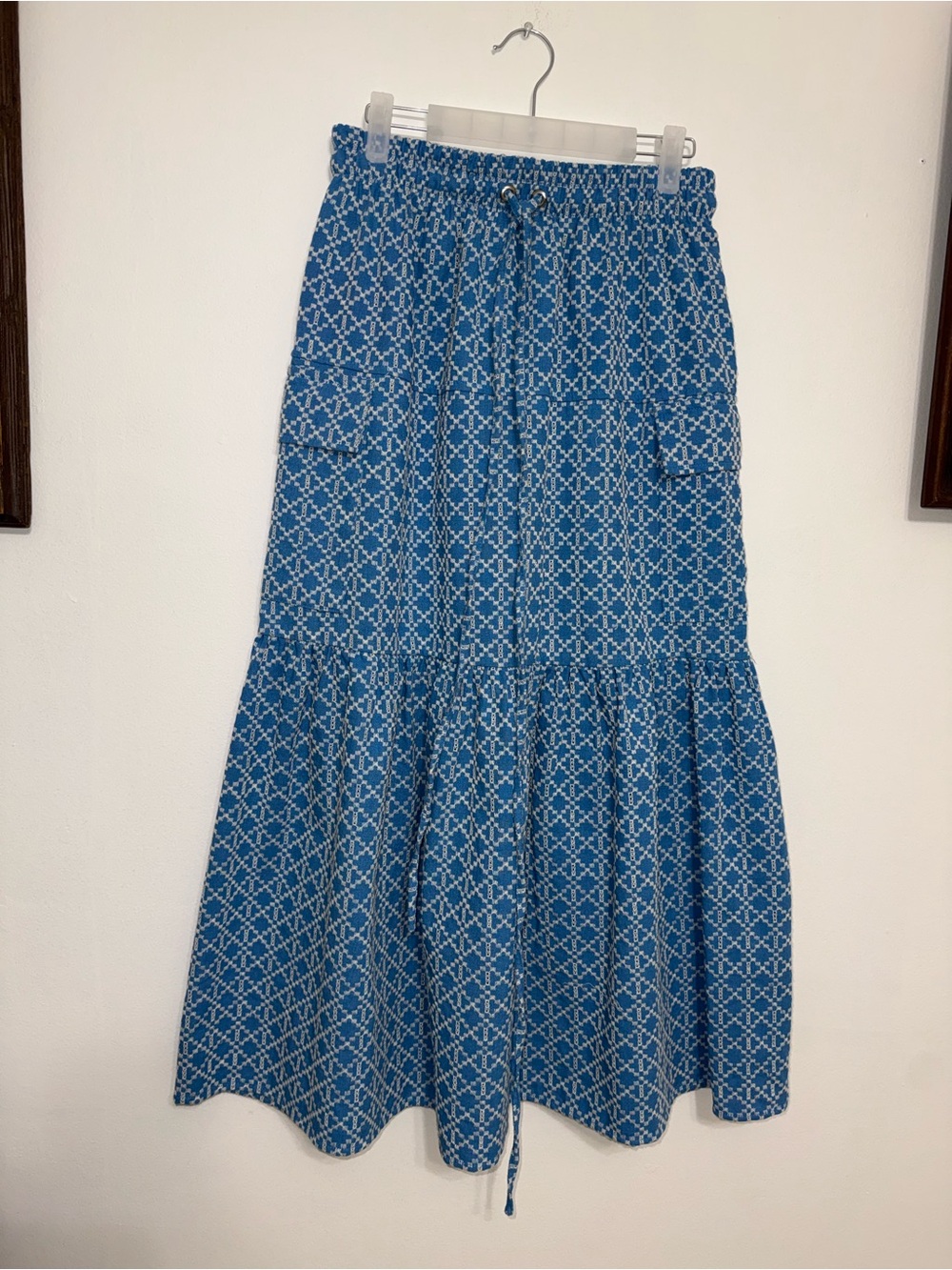 Blue Geometric Tiered Maxi Skirt with Drawstring Waist